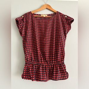 Michael Kors Red and Navy Blue Geometric Cinch Waist scoop neck  Blouse